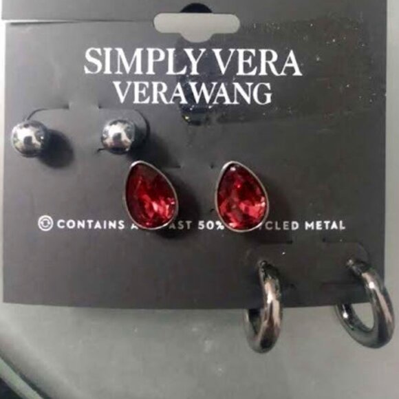Vera Wang Jewelry - VERA WANG 3pc SET Goth Gunmetal Ball/Red Teardrop Crystal/Hoop Earrings**NEW!